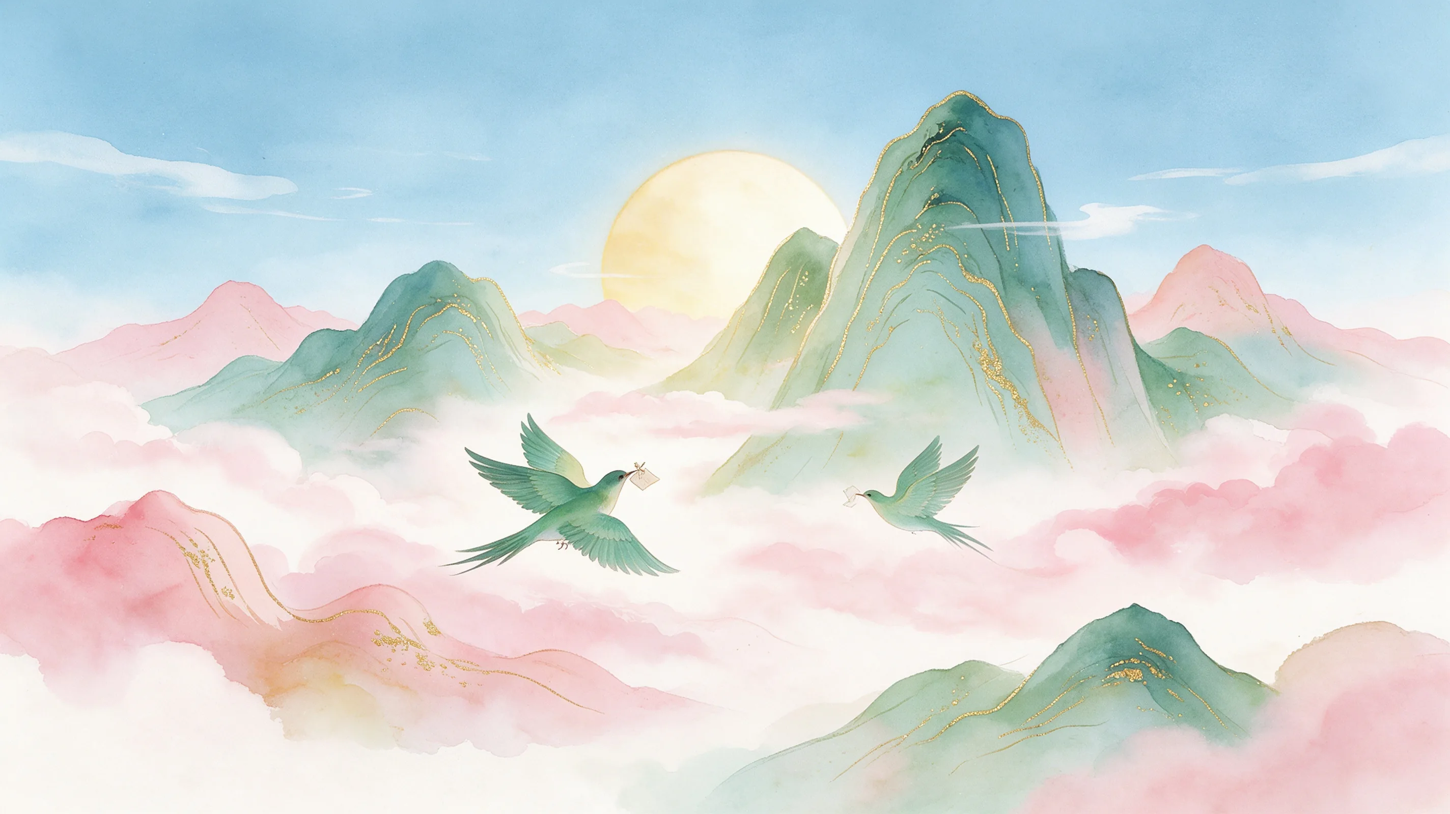 两只青鸟衔着信飞过粉色云海，青绿山峰与暖日在远处